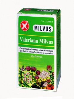 Milvus Valeriana. Envase con 60 cápsulas, acondicionadas en blister. Cada cápsula contiene  400 mg de <i>Valeriana officinalis</i> (Valeriana, polvo de raíz). CN: 272898.1