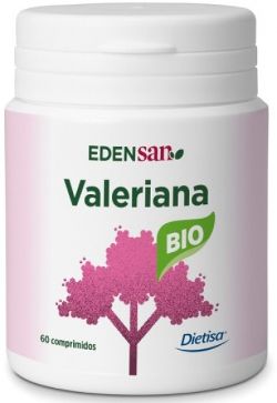 Edensan Bio Valeriana. Polvo de raíz de Valeriana (<i>Valeriana officinalis</i> L, raíz): 750 mg, agente de carga: celulosa microcristalina, antiaglomerante: dióxido de silicio. Bote de 30 comprimidos. Complemento alimenticio.