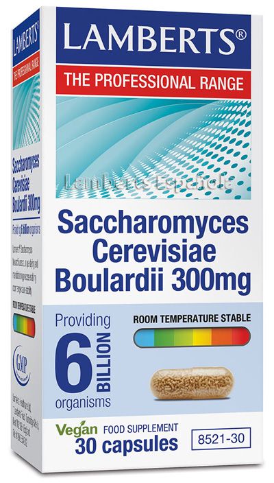 Saccharomyces Cerevisiae Boulardii 300 mg, 30 cápsulas. Cada cápsula aporta 6 mil millones de microrganismos. Complemento alimenticio.