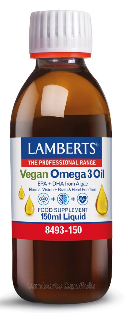 Omega 3 Vegano Líquido. Cada 5 mL contienen 4.885 mg de aceite de alga marina (<i>Schizchytrium</i> sp.) que aportan 100 mg de ácido eicosapentaenoico (EPA) y 500 mg de ácido docosahexaenoico (DHA). Envase con 150 mL. Complemento alimenticio.              