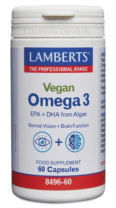 Omega 3 Vegano. Cada cápsula contiene 750 mg de  aceite de algas marinas que aportan 150 mg de ácido eicosapentaenoico (EPA) y 300 mg de ácido docosahexaenoico (DHA). Envases con 30 y 60 cápsulas. Complemento alimenticio.              