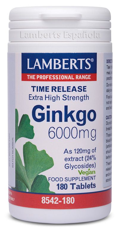 Ginkgo Biloba 6.000 mg. Envase con 180 tabletas de liberación sostenida que liberan su contenido a lo largo de 2 a 3 horas. Cada tableta proporciona 120 mg de extracto 50:1, equivalente a 6.000 mg de hojas de <i>Ginkgo biloba</i> (garantizando 28,8 mg de flavonglicósidos y 7,2 mg de ginkgólidos A, B, C y Bilobálidos). Complemento alimenticio. 